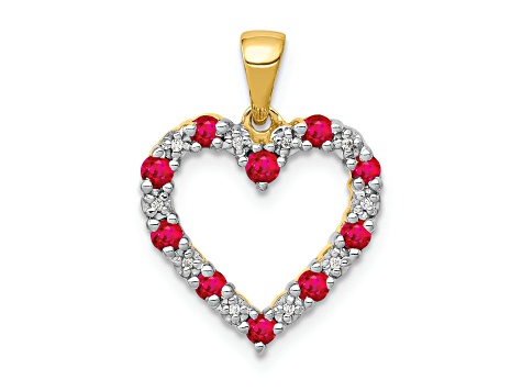 14k Yellow Gold and Rhodium Over 14k Yellow Gold Diamond and 0.40 cttw Ruby Heart Pendant