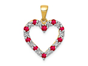 14k Yellow Gold and Rhodium Over 14k Yellow Gold Diamond and 0.40 cttw Ruby Heart Pendant