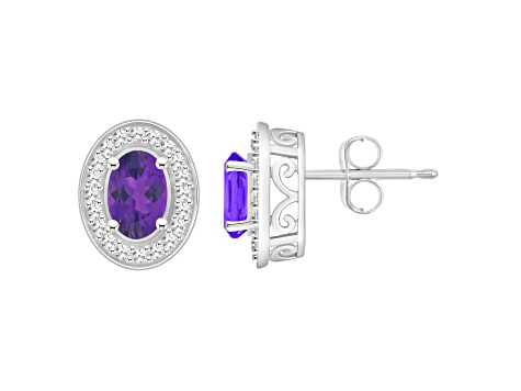 6x4mm Oval Amethyst 1/5 ctw Diamond Rhodium Over Sterling Silver Halo Stud Earrings