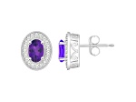 6x4mm Oval Amethyst 1/5 ctw Diamond Rhodium Over Sterling Silver Halo Stud Earrings