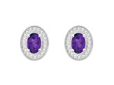 6x4mm Oval Amethyst 1/5 ctw Diamond Rhodium Over Sterling Silver Halo Stud Earrings