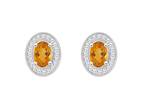 6x4mm Oval Citrine 1/5 ctw Diamond Rhodium Over Sterling Silver Halo Stud Earrings