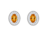 6x4mm Oval Citrine 1/5 ctw Diamond Rhodium Over Sterling Silver Halo Stud Earrings