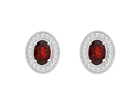 6x4mm Oval Garnet 1/5 ctw Diamond Rhodium Over Sterling Silver Halo Stud Earrings