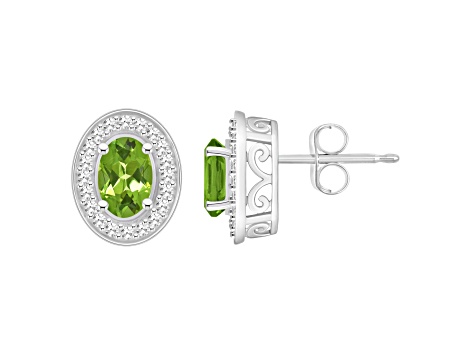 6x4mm Oval Peridot 1/5 ctw Diamond Rhodium Over Sterling Silver Halo Stud Earrings