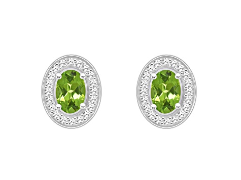 6x4mm Oval Peridot 1/5 ctw Diamond Rhodium Over Sterling Silver Halo Stud Earrings