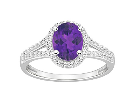 8x6mm Oval Amethyst 1/4 ctw Diamond Rhodium Over Sterling Silver Halo Ring