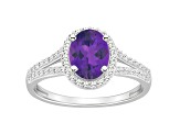 8x6mm Oval Amethyst 1/4 ctw Diamond Rhodium Over Sterling Silver Halo Ring