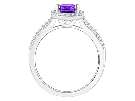 8x6mm Oval Amethyst 1/4 ctw Diamond Rhodium Over Sterling Silver Halo Ring