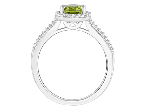 8x6mm Oval Peridot 1/4 ctw Diamond Rhodium Over Sterling Silver Halo Ring