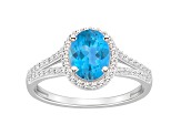 8x6mm Oval Blue Topaz 1/4 ctw Diamond Rhodium Over Sterling Silver Halo Ring