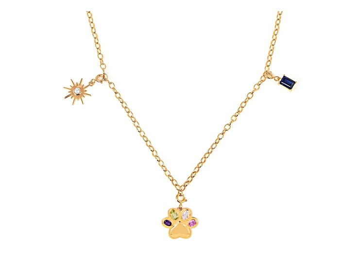 Multi-stone Paw Print Pendant Dog Mom Charm Pendant Gold Over Silver Charm Pendant Necklace