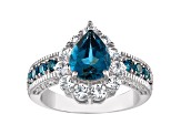 Sterling Silver Pear Shape London Blue Topaz and Lab Created White Sapphire Ring 3.2ctw