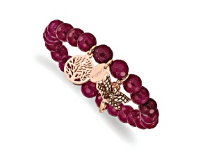 Rose Stainless Steel Antiqued and Polished Dragonfly Pink Dyed Jade Bracelet