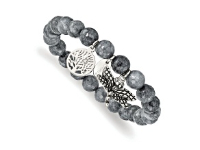 Stainless Steel Antiqued and Polished Dragonfly Grey Dyed Jade Bracelet