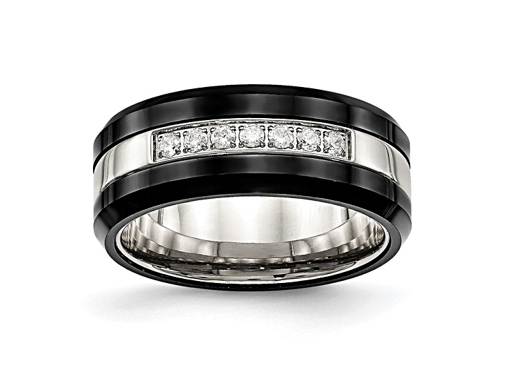 アクセサリー tak52 Stainless Steel Polished Black Ceramic CZ Beveled Edge Ring