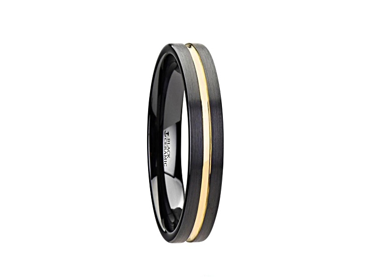 VIVALDI Black Ceramic Wedding Band With Yellow Gold Groove 4mm