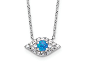 Rhodium Over Sterling Silver Cubic Zirconia Blue Cr. Opal Evil Eye with 2-inch Extension Necklace