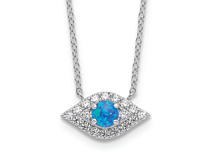 Rhodium Over Sterling Silver Cubic Zirconia Blue Cr. Opal Evil Eye with 2-inch Extension Necklace