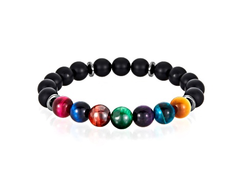 Invicta Jewelry Men's Multi-Tiger Eye and Matte Onyx Stone Bead Stretch Bracelet (10mm)