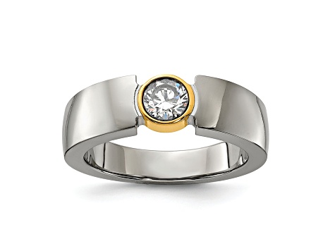 White Cubic Zirconia Yellow IP-Plating Over Titanium Men's Tapered Ring