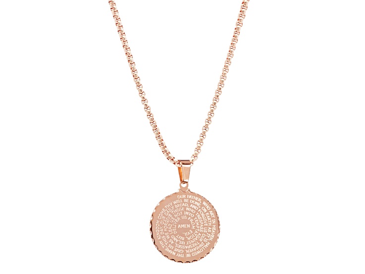18K Rose Gold Over Stainless Steel "Our Father" English Prayer Round Pendant With Chain