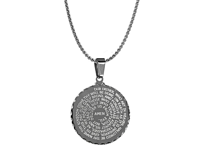 Men's Gunmetal Stainless Steel Lord's Prayer Round Pendant With Chain