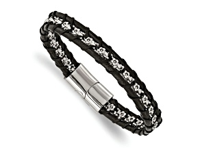 Black Leather and Stainless Steel Polished Flower Link 8.25-inch Bracelet