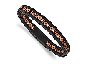Black Leather and Stainless Steel Antiqued and Polished Rose IP-plated 8.5-inch Bracelet