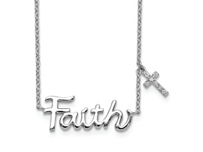 Rhodium Over Sterling Silver FAITH with Cubic Zirconia Cross Charm Necklace