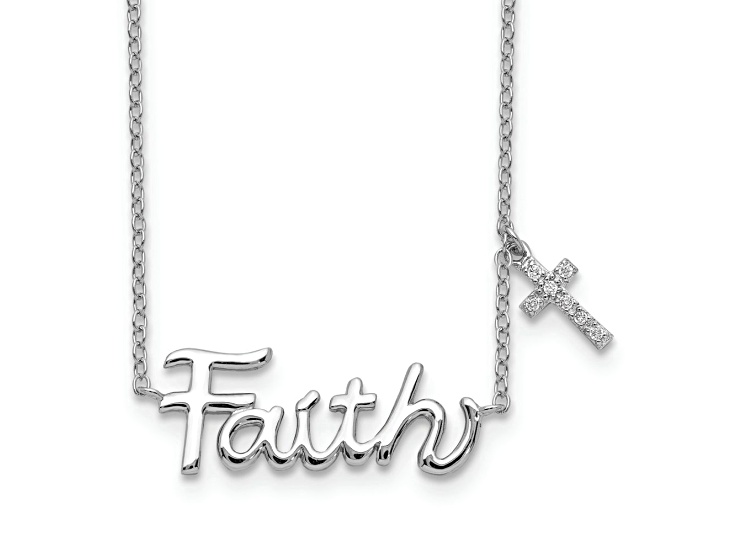 Rhodium Over Sterling Silver FAITH with Cubic Zirconia Cross Charm Necklace