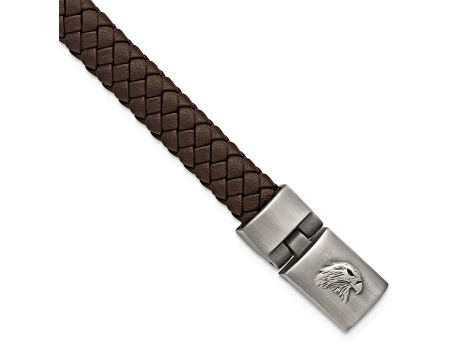 Stainless Steel Brushed Antiqued Leather 8.75 Inch Bracelet