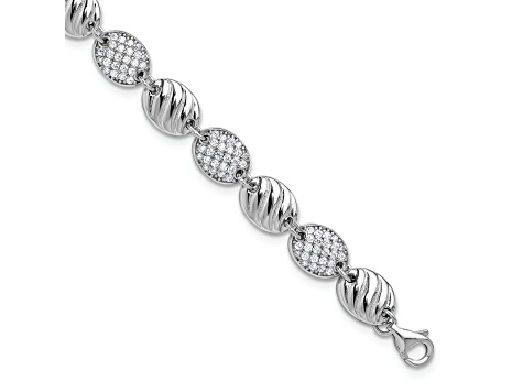 Rhodium Over Sterling Silver Grooved Cubic Zirconia Ovals with 1-inch Extension Bracelet