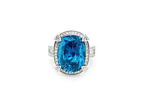 21.65 Ctw Blue Zircon and 0.94 Ctw White Diamond Ring in 14K WG