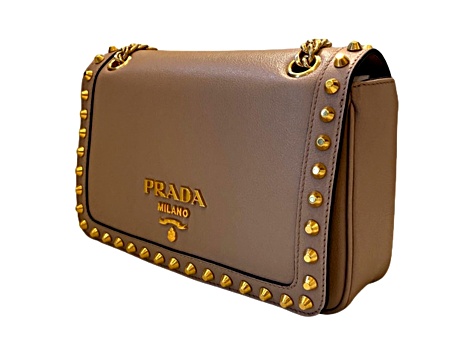 Prada Pattina Glace Calf Leather Cammeo Beige Gold Studded