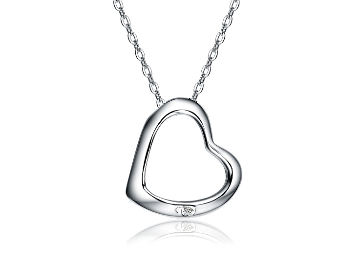 Clear Cubic Zirconia, Rhodium Plated over Brass Heart Pendant Necklace
