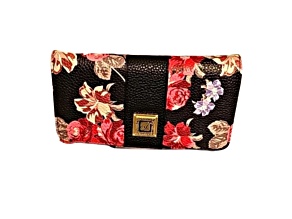 Stone Mountain Rose Bloom Leather Large Trifold with Wristlet Strap Black Floral