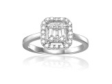 Baguette White Topaz and Round Moissanite Sterling Silver Halo Ring