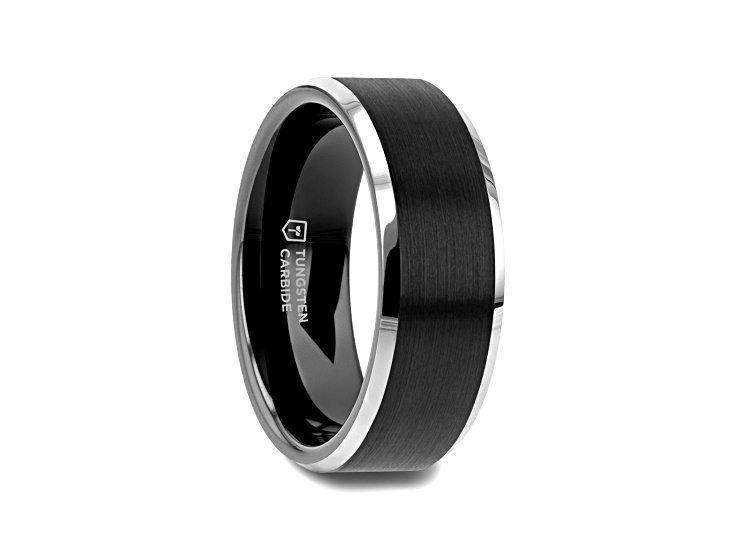 ASTON Black Brushed Center Tungsten Ring with Polished Beveled Edges 8mm