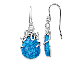 Rhodium Over Sterling Silver Lab Created Opal Octopus Dangle Earrings