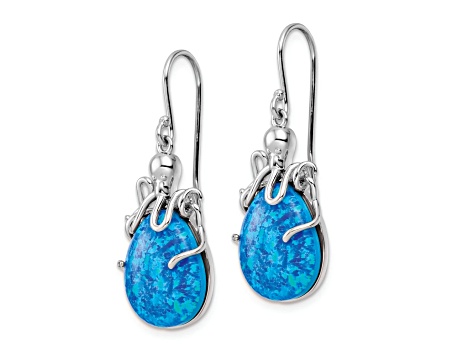 Rhodium Over Sterling Silver Lab Created Opal Octopus Dangle Earrings