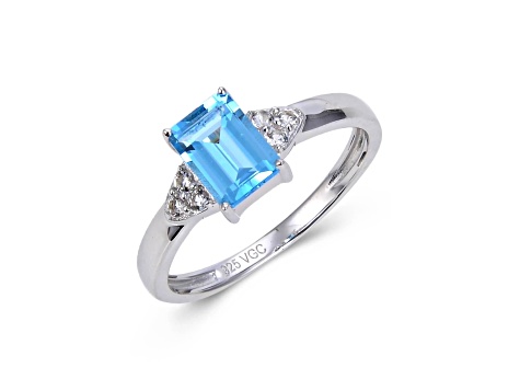 Rectangular Octaonal Blue Topaz with White Topaz Accents Sterling Silver Ring, 1.27ctw