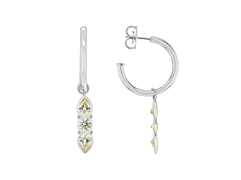 Judith Ripka 6ctw Round and Pear Canary Bella Luce Rhodium Over Sterling Silver Dangle Hoop Earrings