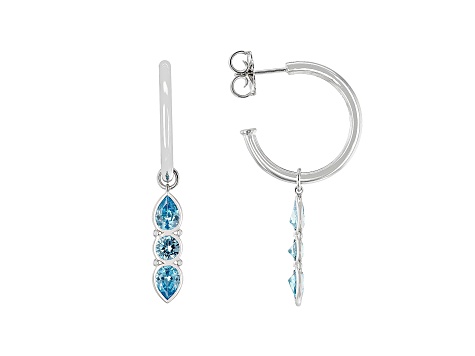 Judith Ripka 6ctw Round and Pear Sky Blue Bella Luce Rhodium Over Silver Dangle Hoop Earrings