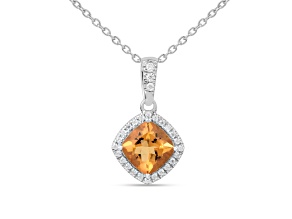 Yellow Cushion Citrine with Moissanite Accents Rhodium Over Silver  Citrine Pendant with Necklace