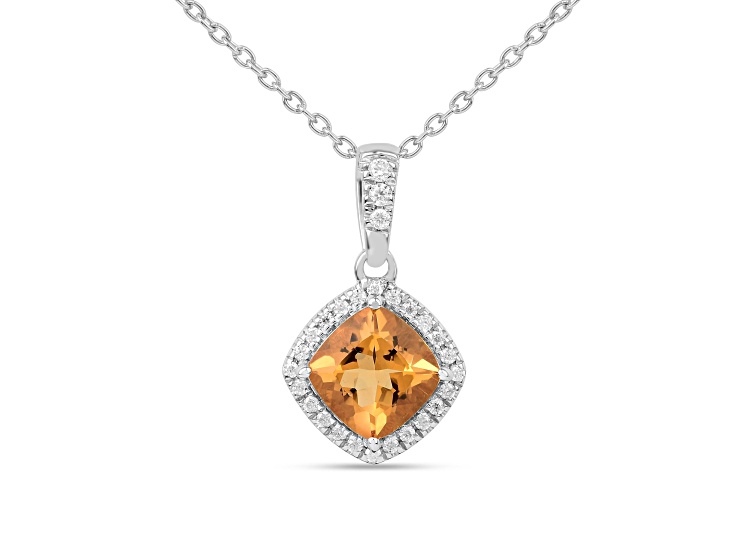 Yellow Cushion Citrine with Moissanite Accents Rhodium Over Silver Citrine Pendant with Necklace