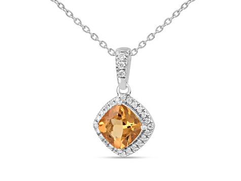 Yellow Cushion Citrine with Moissanite Accents Rhodium Over Silver  Citrine Pendant with Necklace