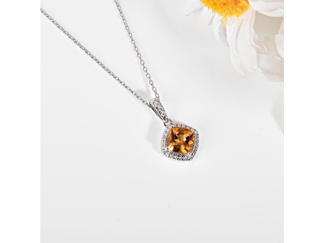 Yellow Cushion Citrine with Moissanite Accents Rhodium Over Silver  Citrine Pendant with Necklace