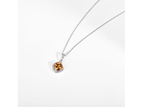Yellow Cushion Citrine with Moissanite Accents Rhodium Over Silver  Citrine Pendant with Necklace