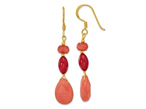 14K Gold Over Sterling Silver Coral and Jadeite Dangle Earrings